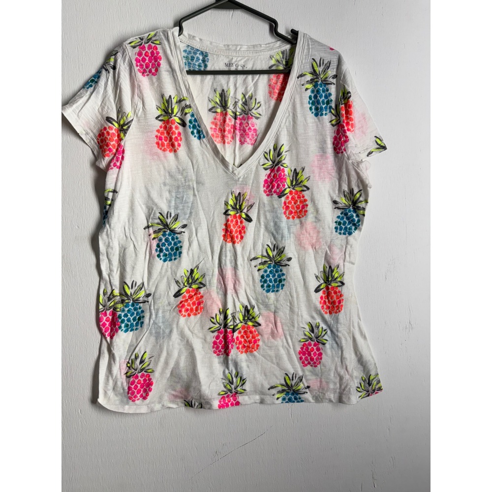 Merona Womens XXL White Neon Pineapple Print V-Neck Short Sleeve T-Shirt Tee